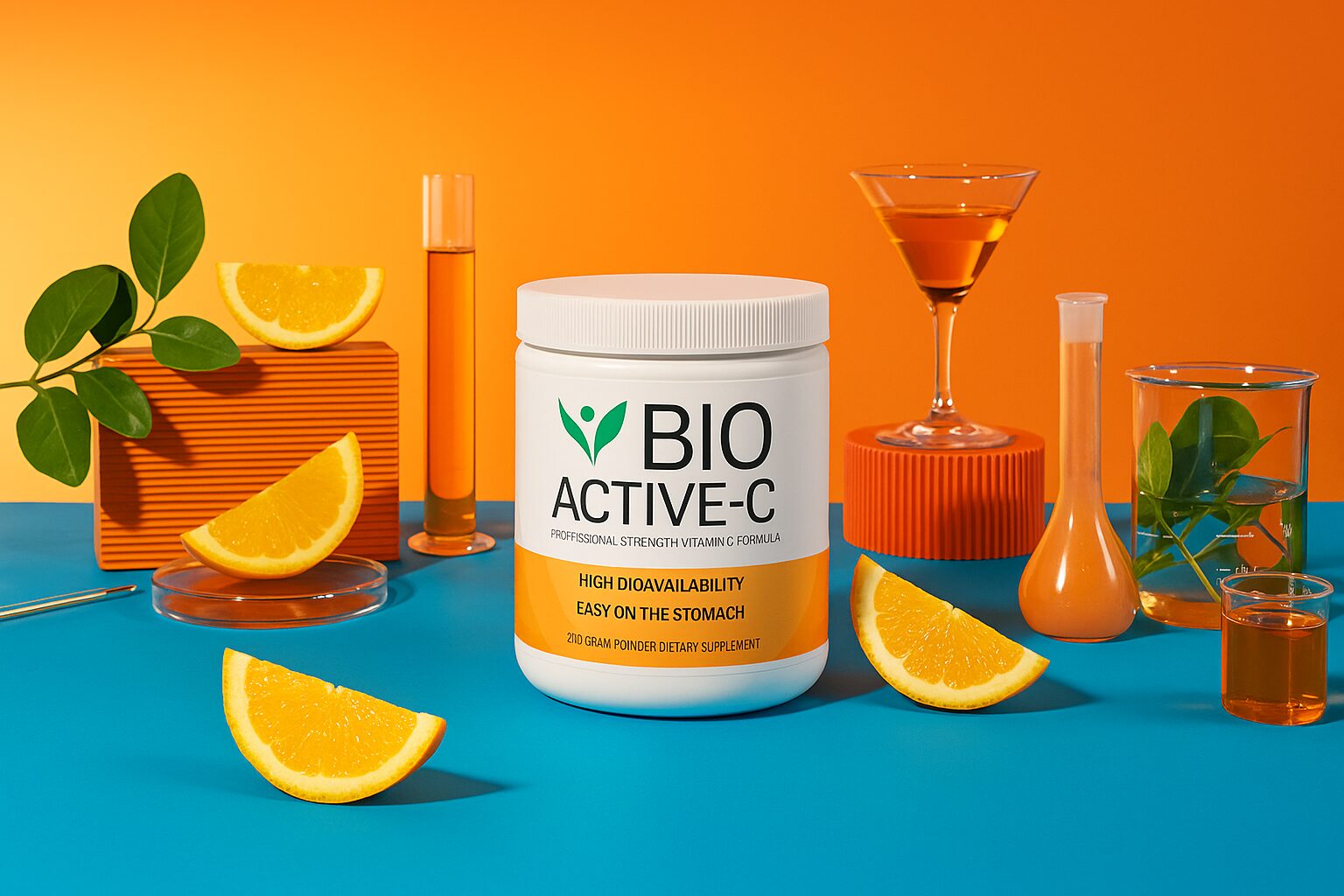 Floating Bio Active-C container with bioavailable vitamin C powder branding