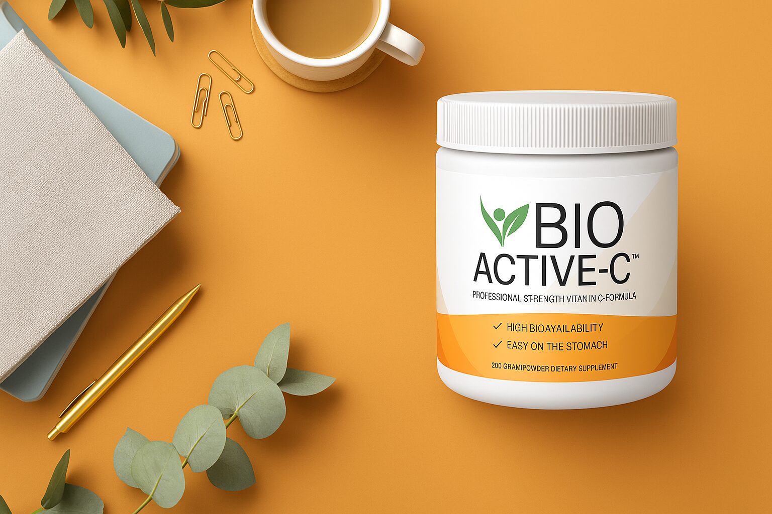 Bio Active-C clean vitamin C powder supplement on a desk